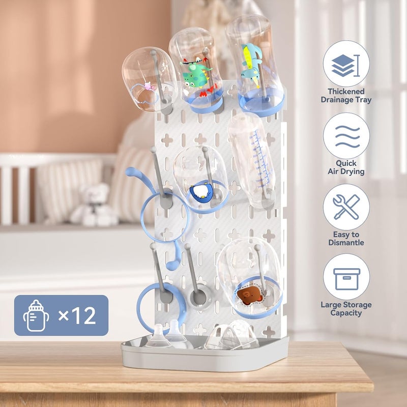 CLESOO Baby Bottle Drying Rack Bottle Dryer Rack for 12 Bottle Drying Rack Space Saving Kitchen Countertop Vertical Cup Drainer Rack Detachable Baby Bottle Holder Storage Organizer Pump Part Dryer Rack Grey - Image 2
